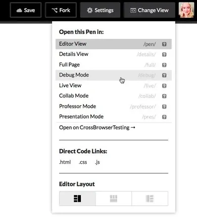 Le menu de CodePen permettant d’accéder à la vue debug.