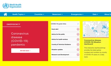 Le site de l’organisation mondiale de la santé avec un fond jaune.